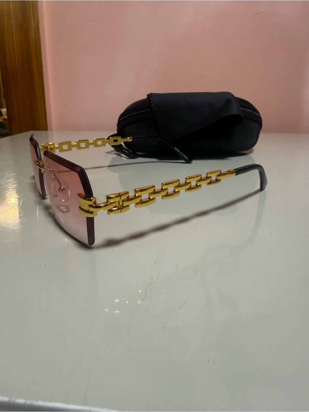 Gold-Link Chain Arm Sunglasses with Pink Gradient Lenses